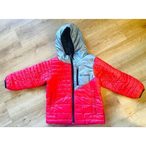 Columbia Puffer Waterproof Red/Gray Hooded Jacket Kid’s 4/5 Front Zipper - Picture 1 of 9